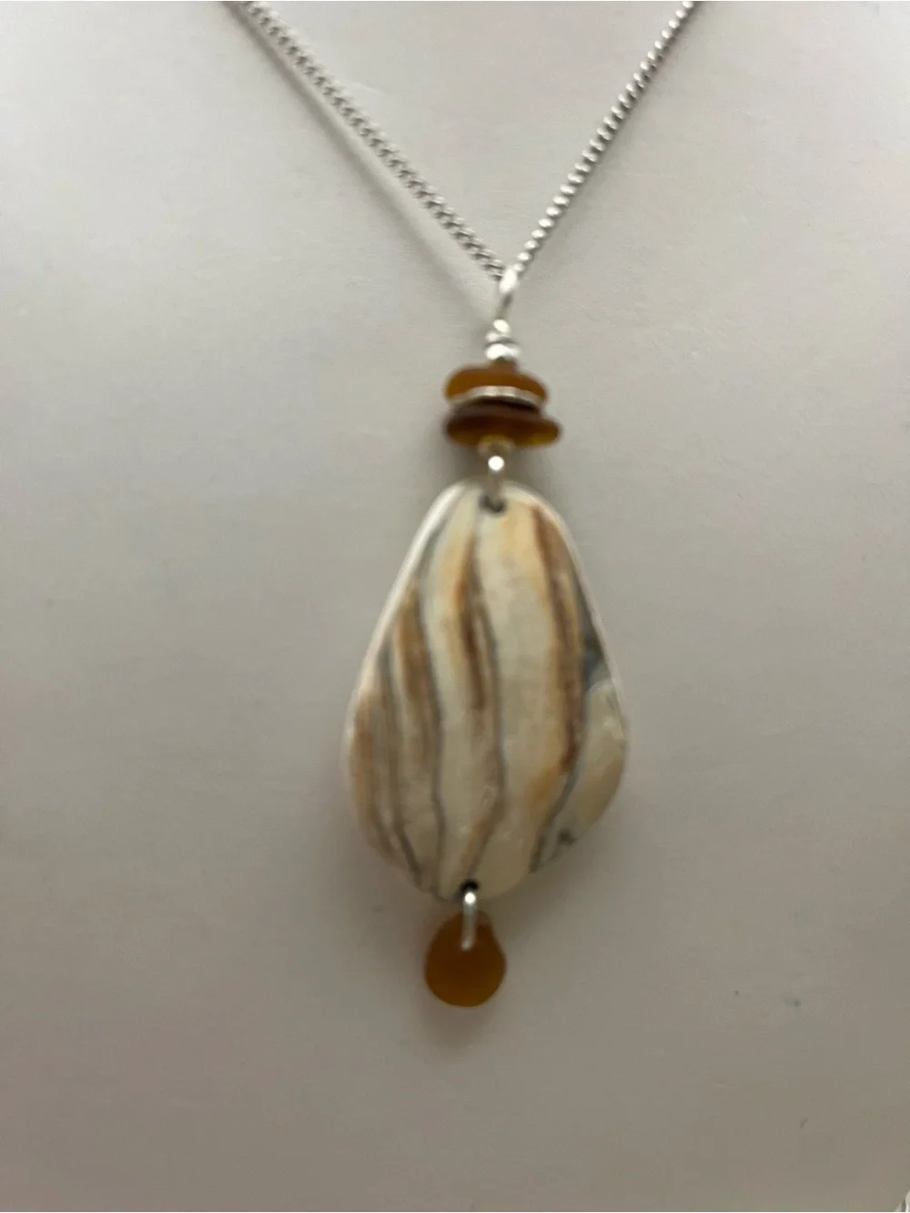 Handmade Quahog Shell Wampum Necklace with Authentic Amber Sea Glass